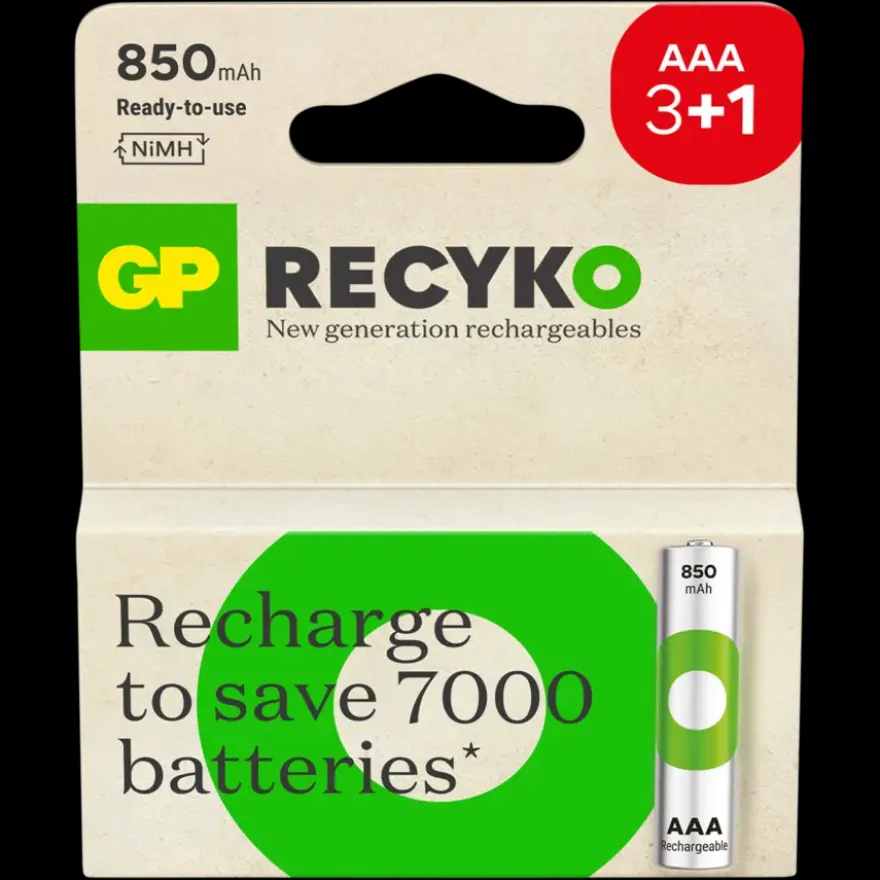 GP Batterij Oplaadbaar AAA NiMH 850 mAh ReCyko 1,2V 4 stuks (3+1)