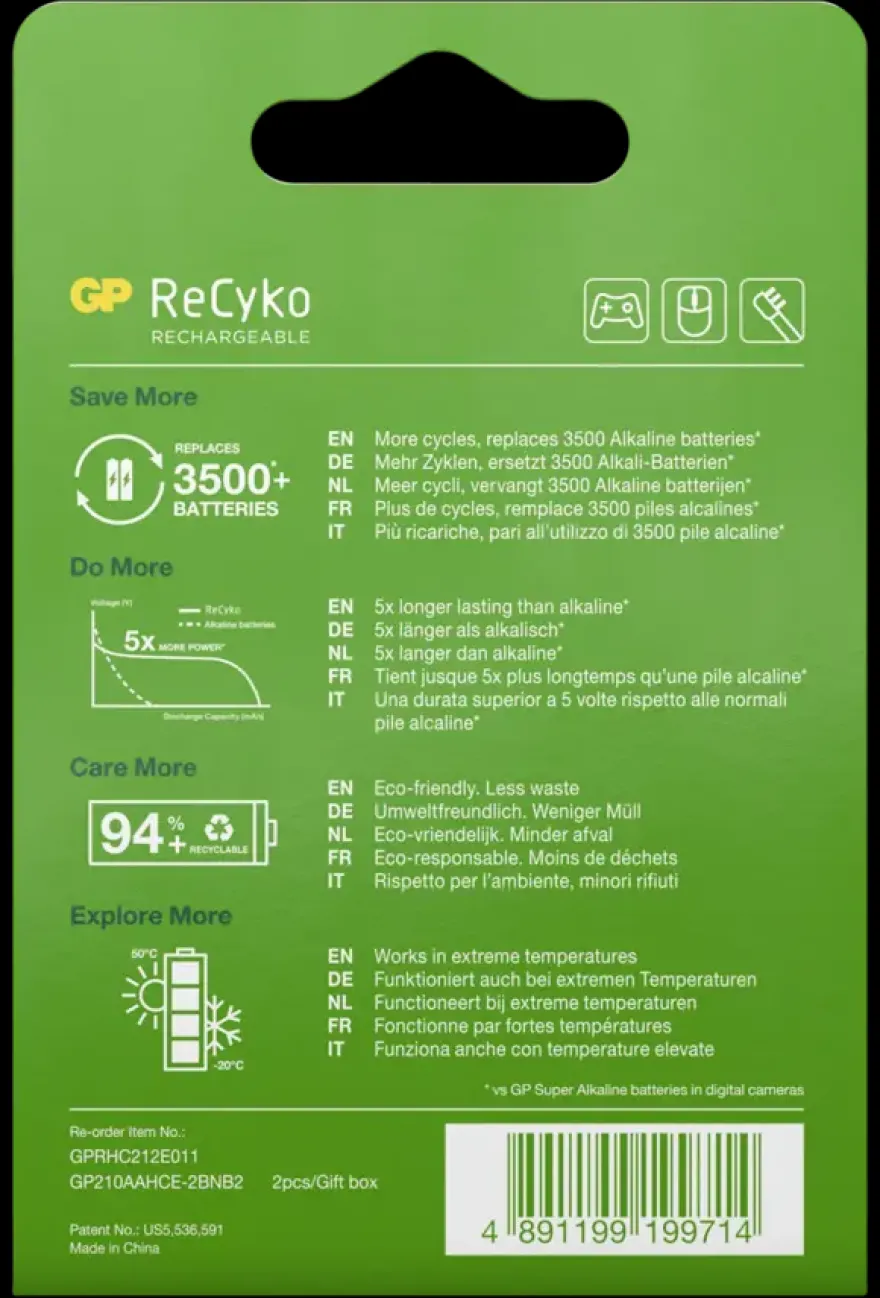 GP Batterij Oplaadbaar AA NiMH 2100mAh ReCyko 1,2V 2 Stuks