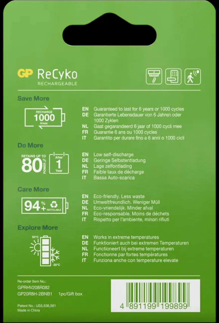 GP Batterij Oplaadbaar 9V NiMH 200mAh ReCyko 8,4V 1 Stuk