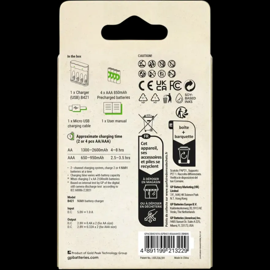 GP Batterijlader 411 + 4x oplaadbare batterijen AAA 850mAh ReCyko + Micro USB-lader