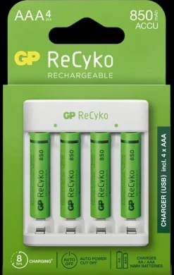 GP Batterijlader 411 + 4x oplaadbare batterijen AAA 850mAh ReCyko + Micro USB-lader