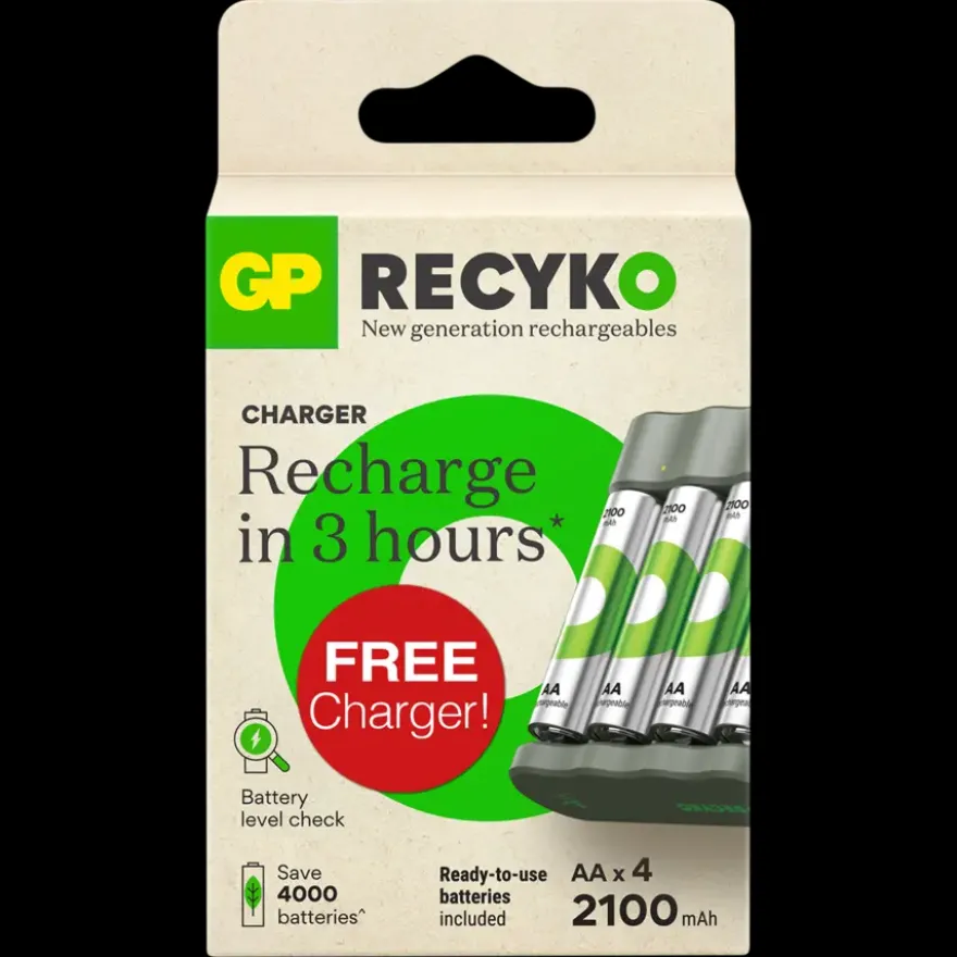GP ReCyko oplaadbare batterijen AA 2100 mAh 4 stuks + gratis lader