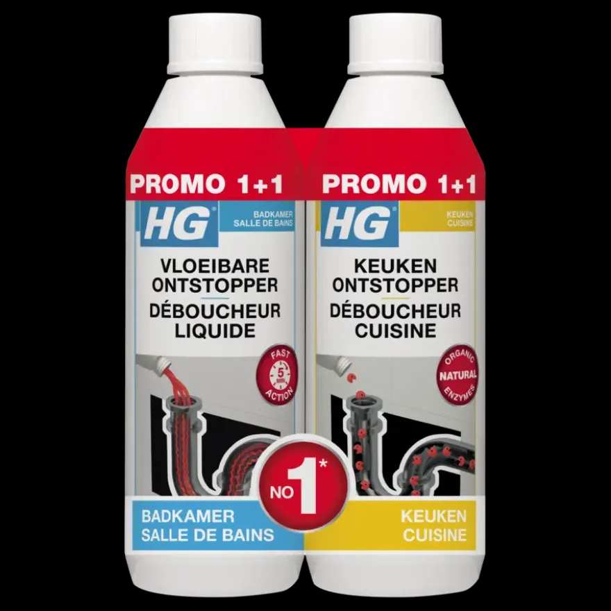 HG Vloeibare ontstopper 500 ml + Gratis HG Keukenontstopper 500 ml