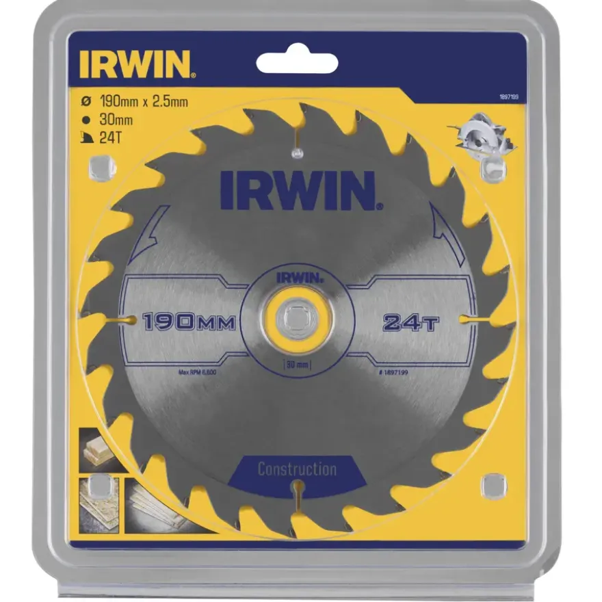 Irwin cirkelzaagblad Ø190 mm. Inclusief reduceerringen waardoor geschikt voor asgat 16, 20 en 30 mm, vertanding 24T
