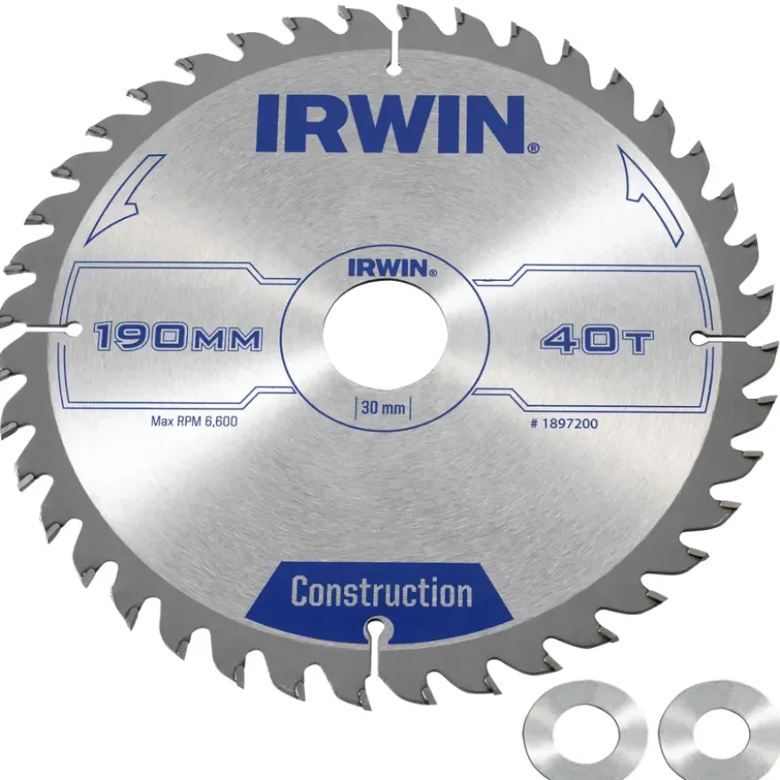 Irwin cirkelzaagblad Ø190 mm. Inclusief reduceerringen waardoor geschikt voor asgat 16, 20 en 30 mm, vertanding 40T