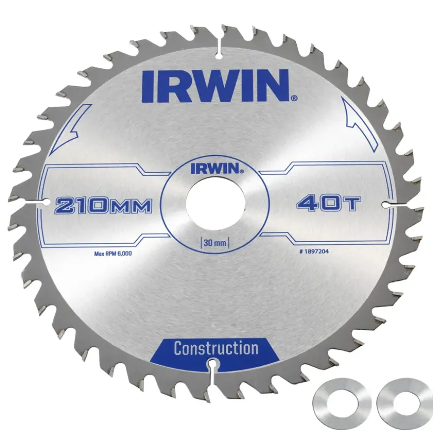 Irwin cirkelzaagblad Ø210 mm. Inclusief reduceerringen waardoor geschikt voor asgat 16, 20 en 30 mm, vertanding 40T