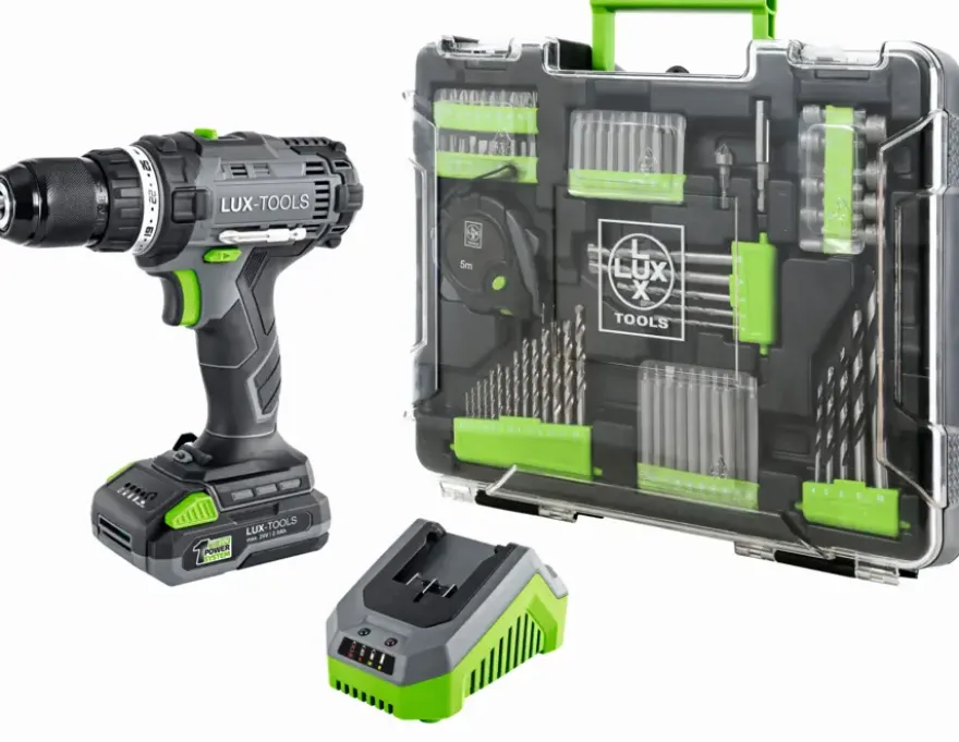 LUX 20V accuboormachine inclusief 2,0Ah accu, lader en koffer met accessoires