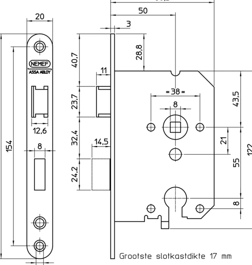 NEMEF 1200 serie insteekcilinderslot binnendeur met wit gelakte voorplaat Doorn 50mm PC 55mm