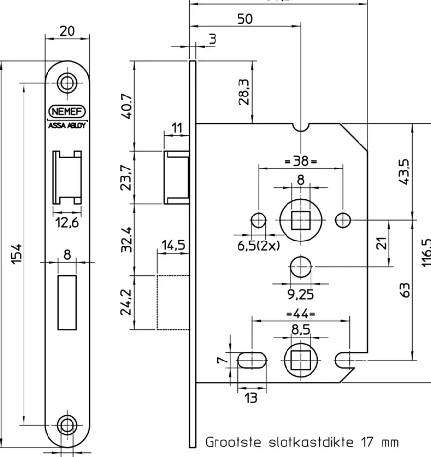 Nemef 1200 serie insteekslot badkamerslot/wc-slot met zwarte voorplaat Doorn 50mm PC 63mm