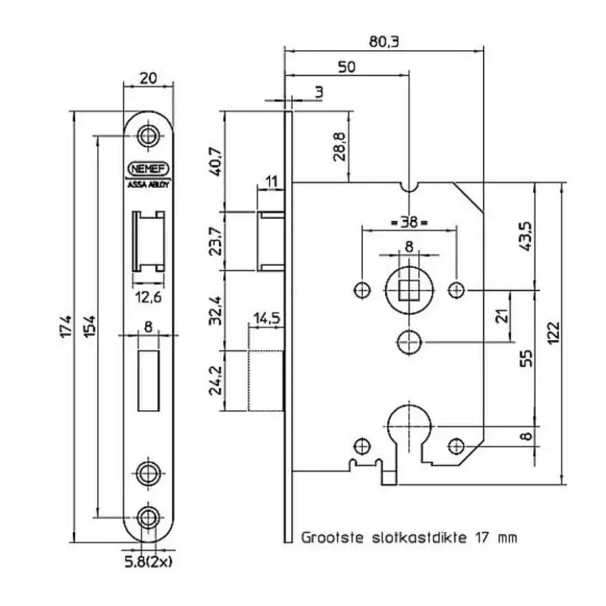 NEMEF 1200 serie slotset binnendeur inclusief beslag en cilinder Doorn 50mm PC 55mm