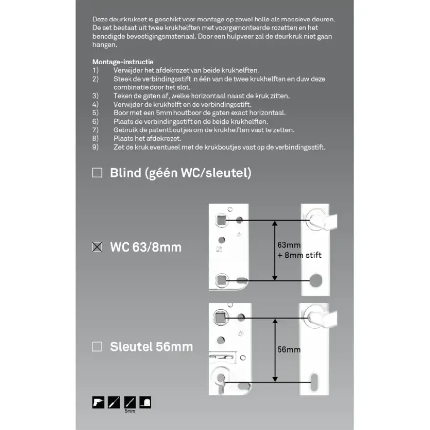Novidade deurkrukset Hera ovaal schild met vrij-bezet sluiting 63/8 mm RVS