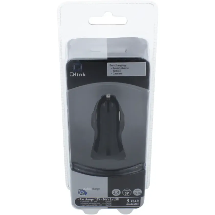 Q-Link Autolader 12V met 2 USB-A zwart
